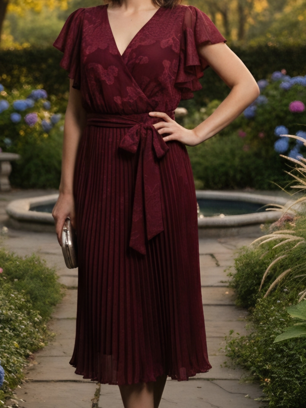 Women's Burgundy V-Neck Pleated Wrap Dress - Picture 8 of 8
